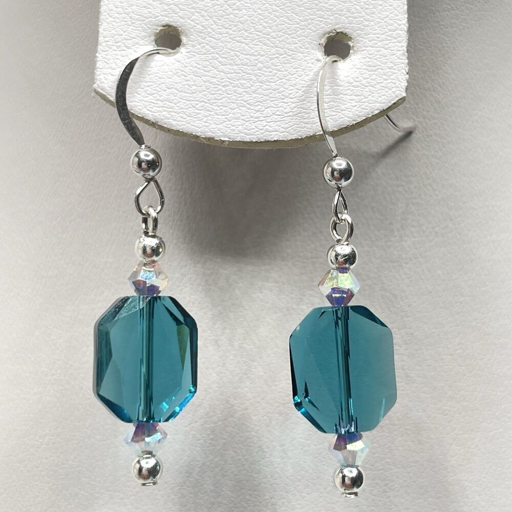 925 Sterling Artisan Made With Swarovski Blue Ab White Beaded Crystal Earrings